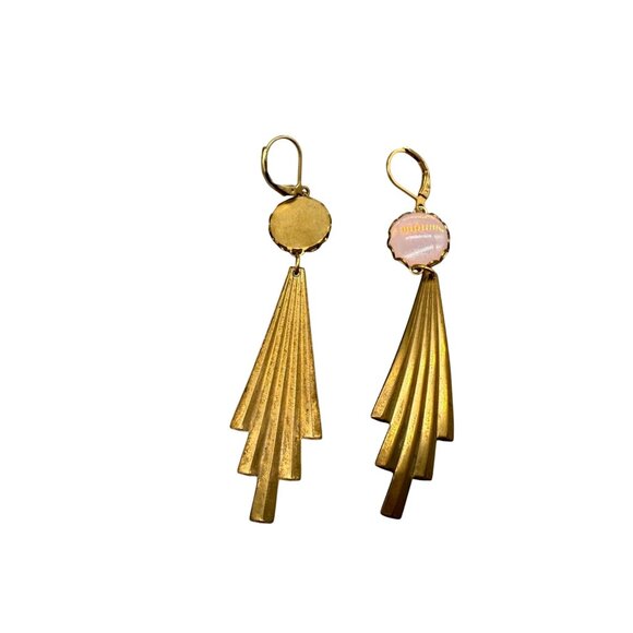 Vintage Pink Crystal Plated Dangle Drop Earrings Brass Tone Retro Classic - Picture 2 of 5